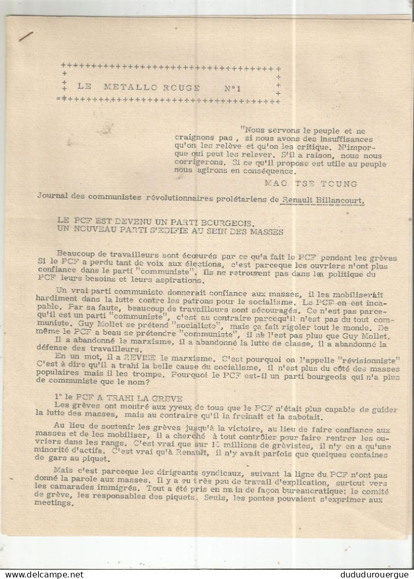 LE METALLO ROUGE , JOURNAL DES COMMUNISTES REVOLUTIONNAIRES PROLETARIENS DE RENAULT BILLANCOURT LE N ° 1 - 1950 - Nu