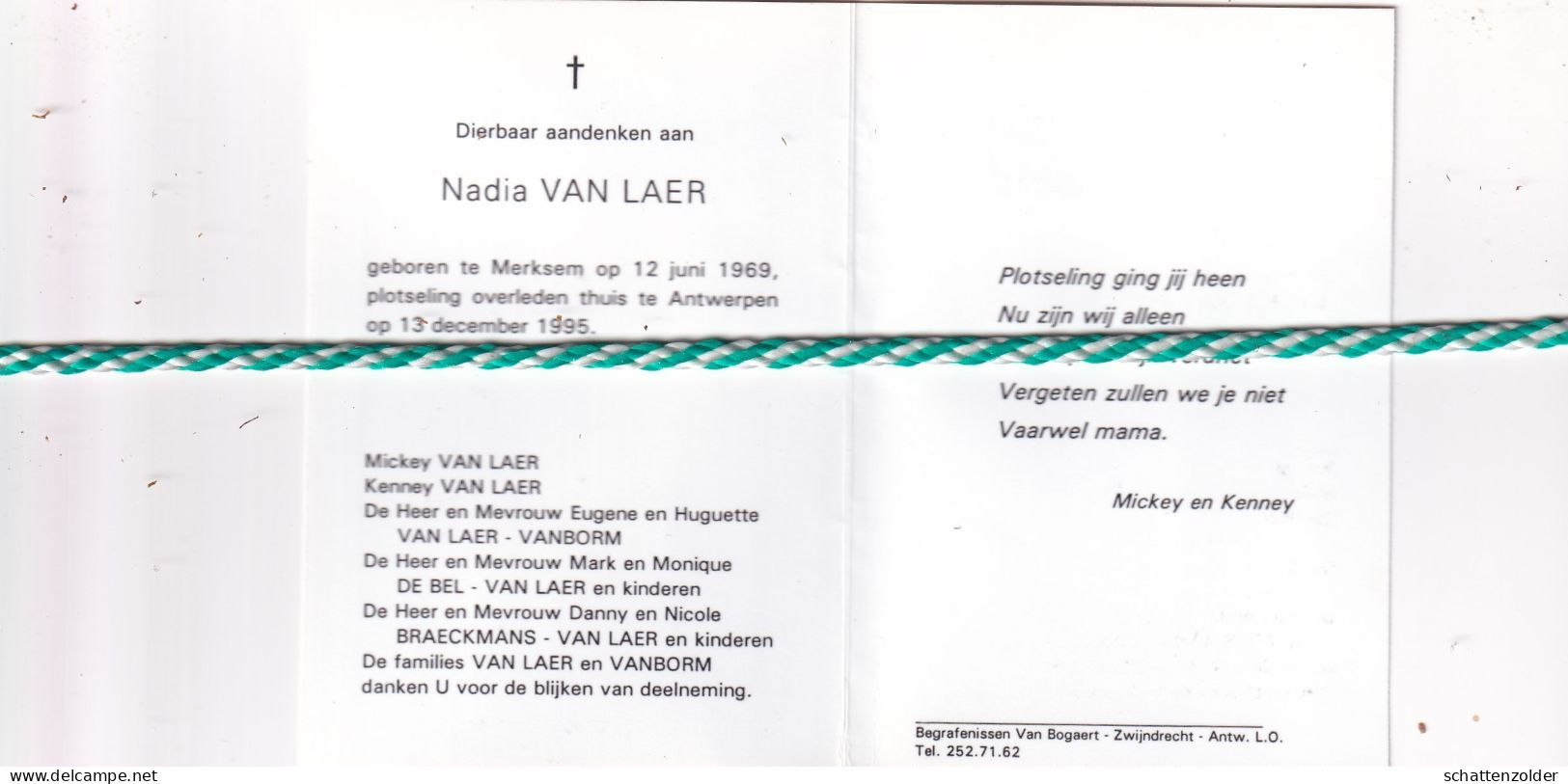 Nadia Van Laer, Merksem 1969, Antwerpen 1995. Foto - Obituary Notices