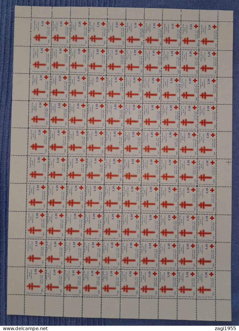 Croatia 1991 Red Cross TBC Sheet TYPE 2 - Upper (1st) Row Higher - 10th Stamp Unique In The Sheet - Kroatien