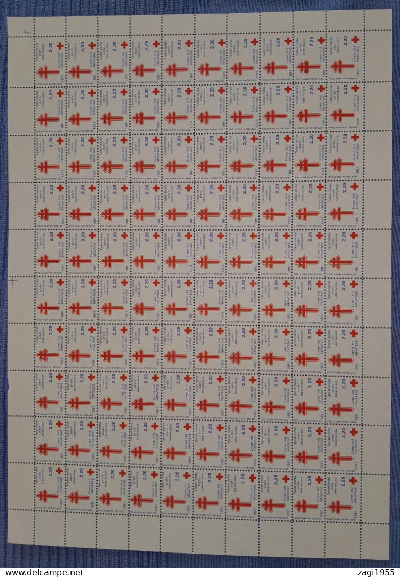 Croatia 1991 Red Cross TBC Sheet TYPE 3 - Last (10th) Row Higher - 100th Stamp Unique In The Sheet - Croacia