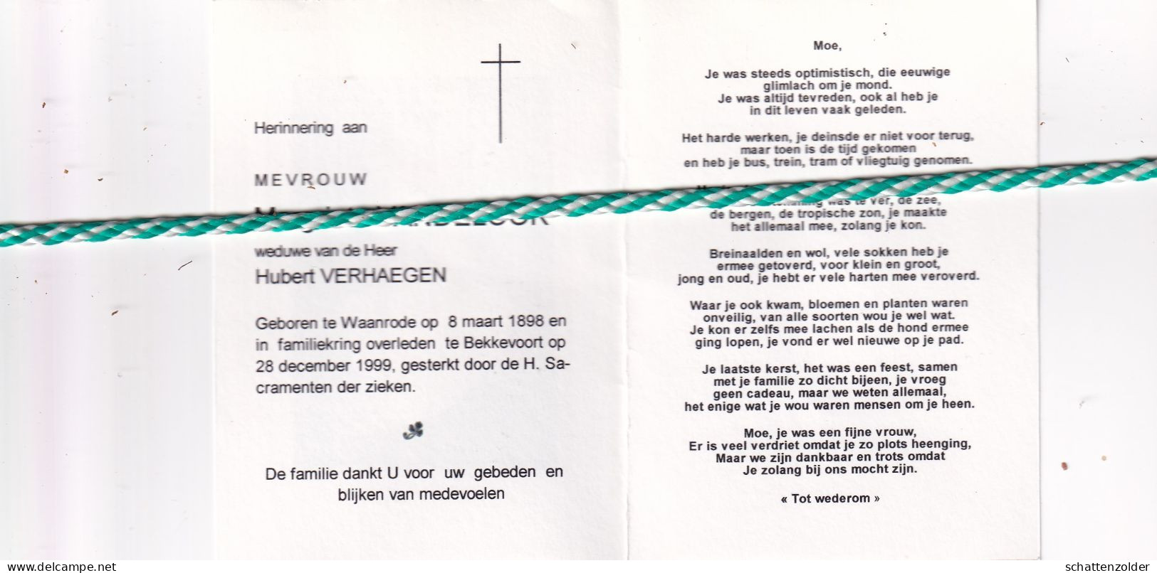 Margriet Vandelook-Verhaegen, Waanrode 1898, Bekkevoort 1999. Honderdjarige. Foto - Overlijden