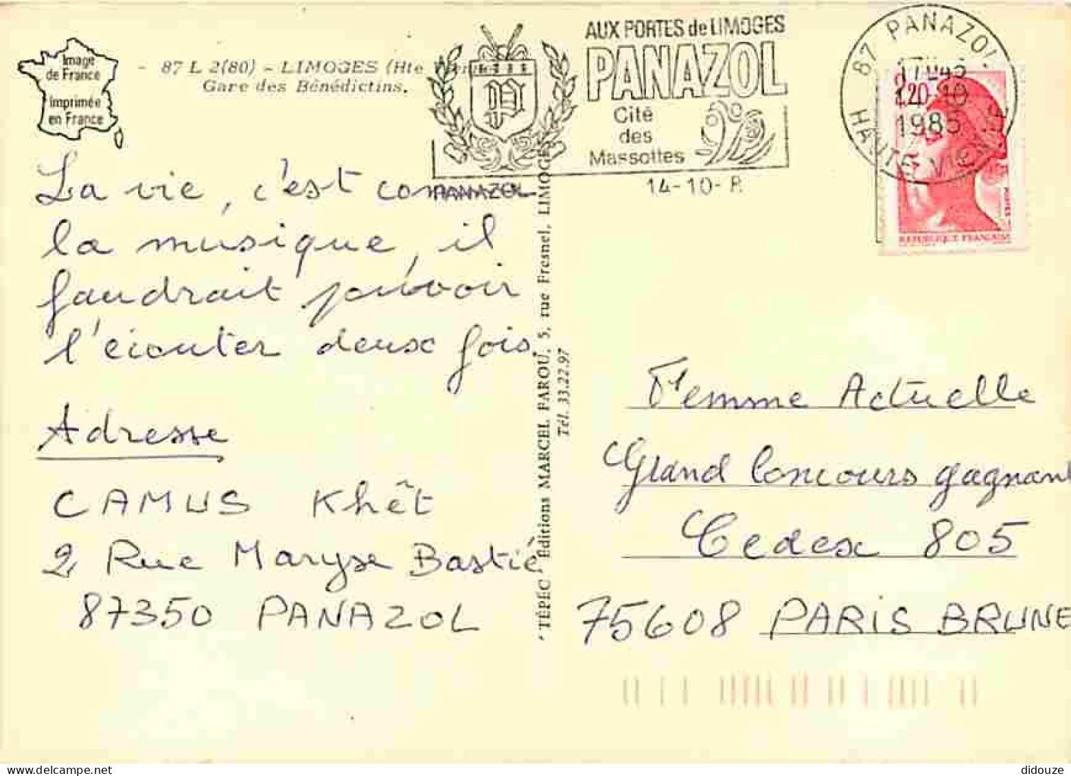 87 - Limoges - La Gare Des Bénédictins - Flamme Postale De Panazol - CPM - Voir Scans Recto-Verso - Limoges