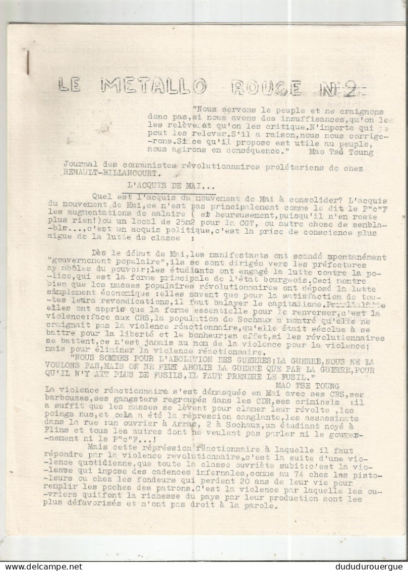 LE METALLO ROUGE , JOURNAL DES COMMUNISTES REVOLUTIONNAIRES PROLETARIENS DE RENAULT BILLANCOURT LE N ° 2 - 1950 - Nu