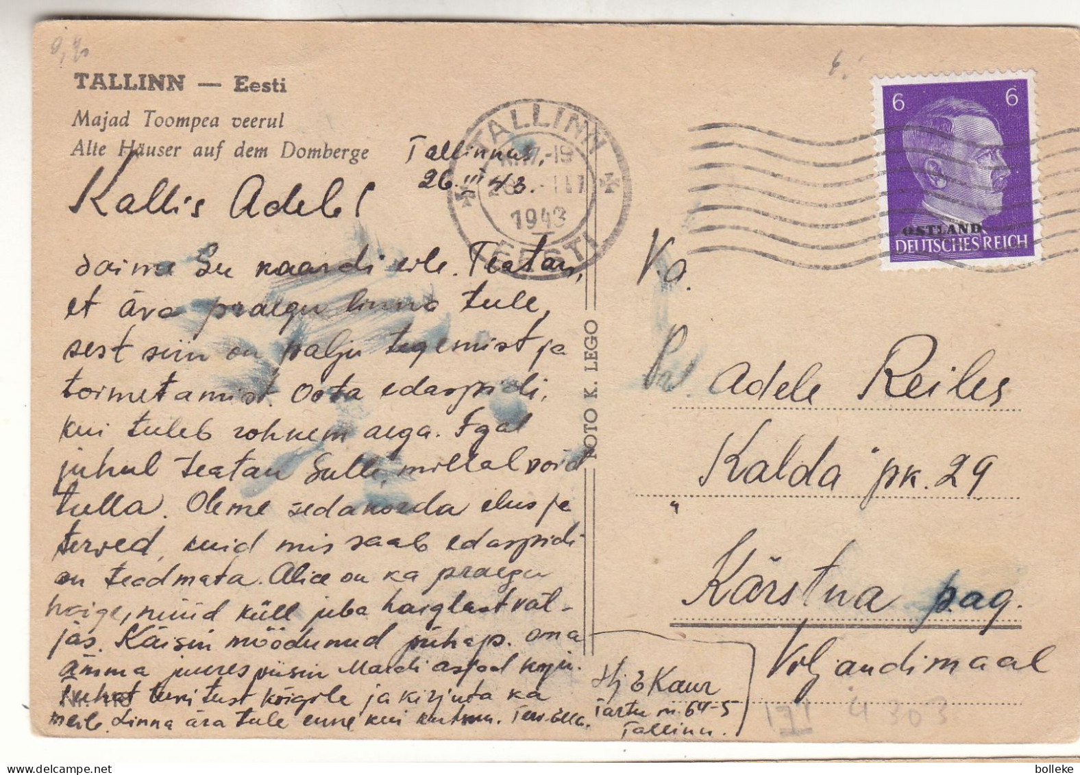 Allemagne - Ostland - Carte Postale De 1943 - Oblit Tallinn - Exp Vers Viljandimaal - Valeur 6,00 Euros - Occupation 1938-45