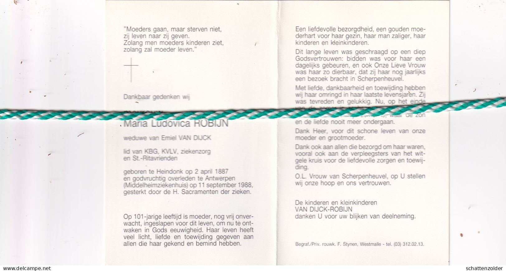Maria Ludovica Robijn-Van Dijck, Heindonk 1887, Antwerpen 1988. Honderdjarige. Foto - Obituary Notices
