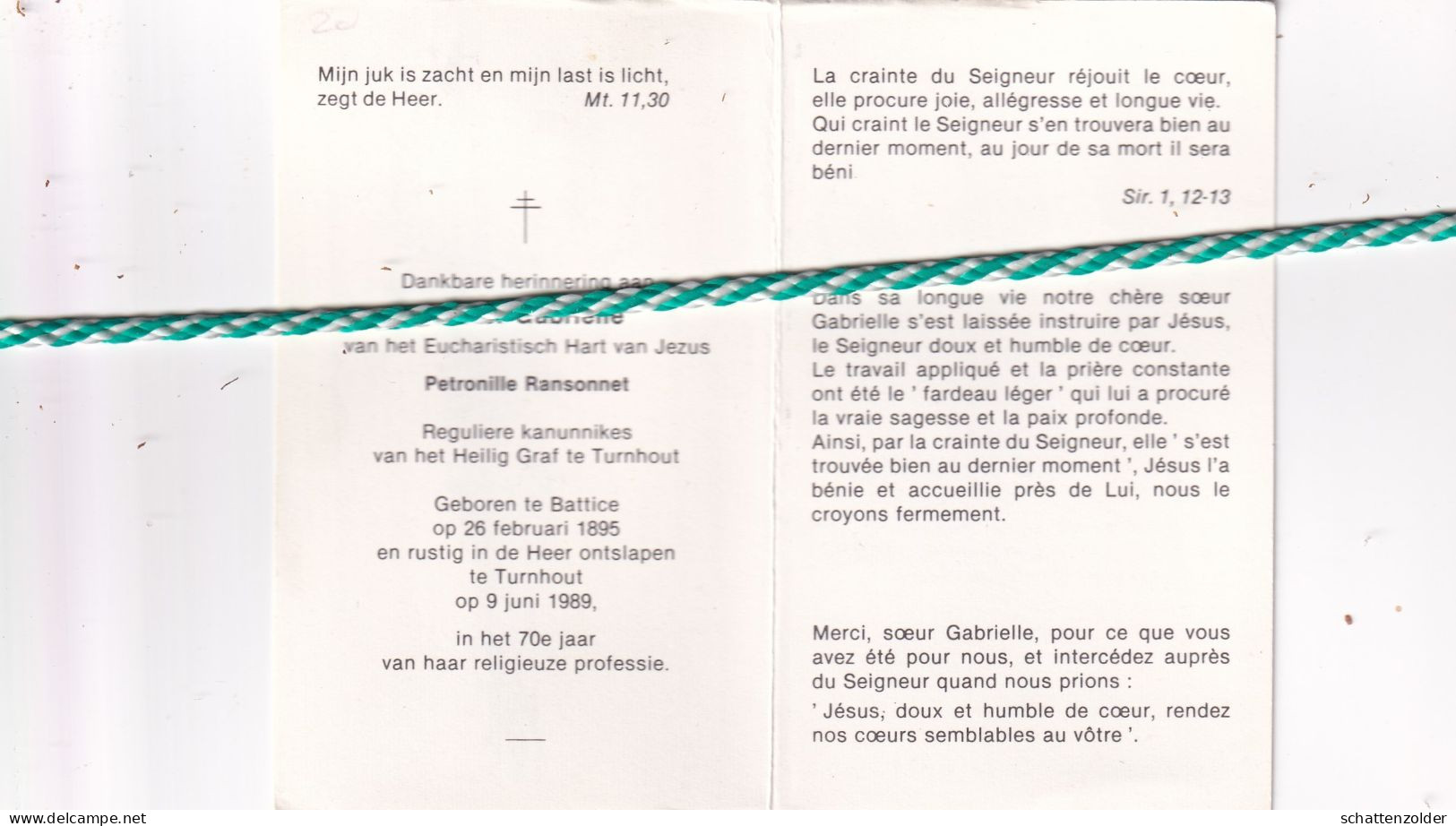 Zuster Gabrielle (Petronille Ransonnet), Battice 1895, Turnhout 1989 - Obituary Notices