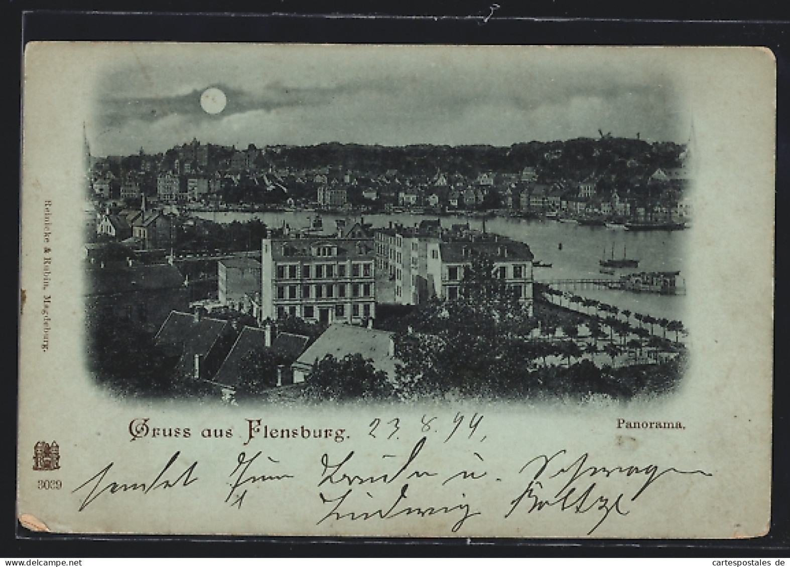 Mondschein-AK Flensburg, Panoramablick über Die Stadt Am Fluss  - Flensburg