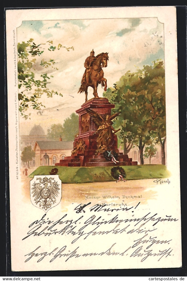 Künstler-Lithographie Carl Münch: Karlsruhe, Kaiser Wilhelm Denkmal  - Other & Unclassified