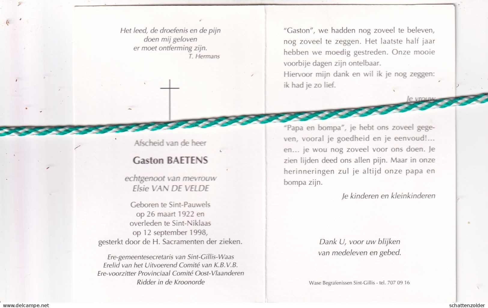 Gaston Baetens-Van De Velde, Sint-Pauwels 1922, Sint-Niklaas 1998. Ere Gemeentesecretaris Sint-Gillis-Waas. Foto - Overlijden