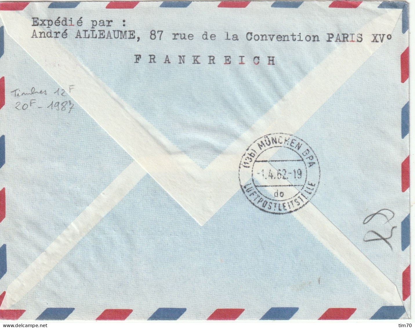 PREMIER LIAISON  AERIENNE   PARIS - STUTTGART - MUNICH   LUFTHANSA   1/4/62 - Manual Postmarks