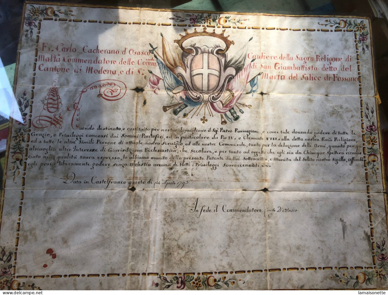 Castelfranco Emilia Splendida Patente Acquerellata Su Pergamena 1793 - Manuscritos