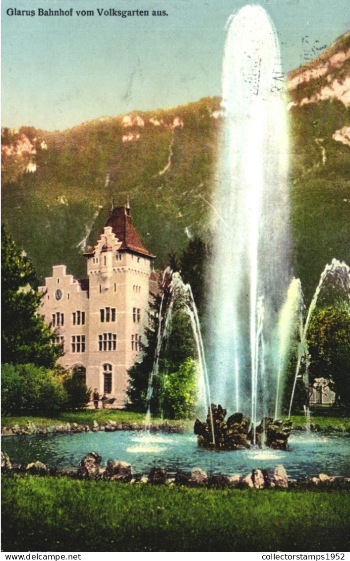 GLARUS, VOLKSGARTEN, ARCHITECTURE, FOUNTAIN, MOUNTAIN, SWITZERLAND, POSTCARD - Andere & Zonder Classificatie