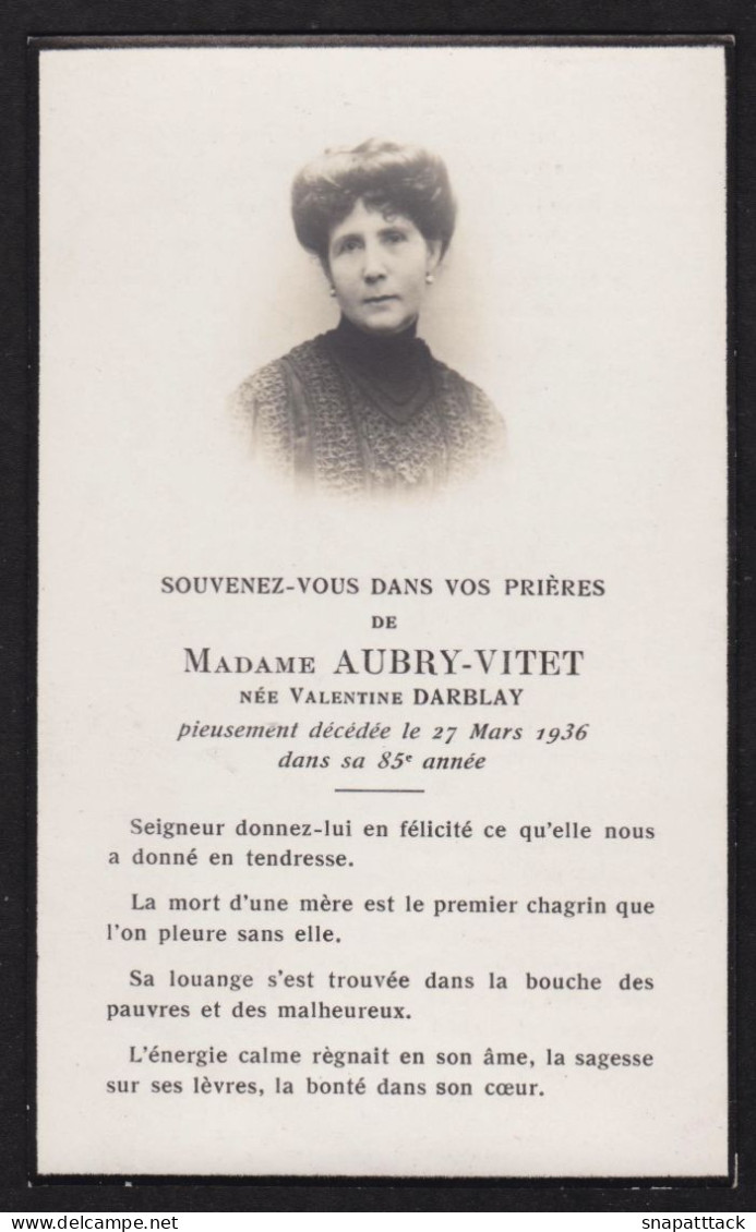 Avis De Décès De Madame AUBRY-VITET Née Valentine Darblay 27 Mars 1936, Généalogie, Ancêtres, 7 X 11,4 Cm - Lugares