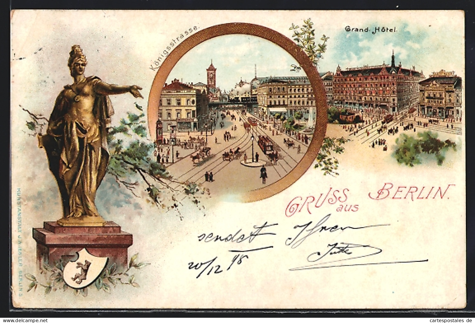 Lithographie Berlin, Das Grand Hotel, Strassenbahnen Auf Der Königsstrasse  - Mitte