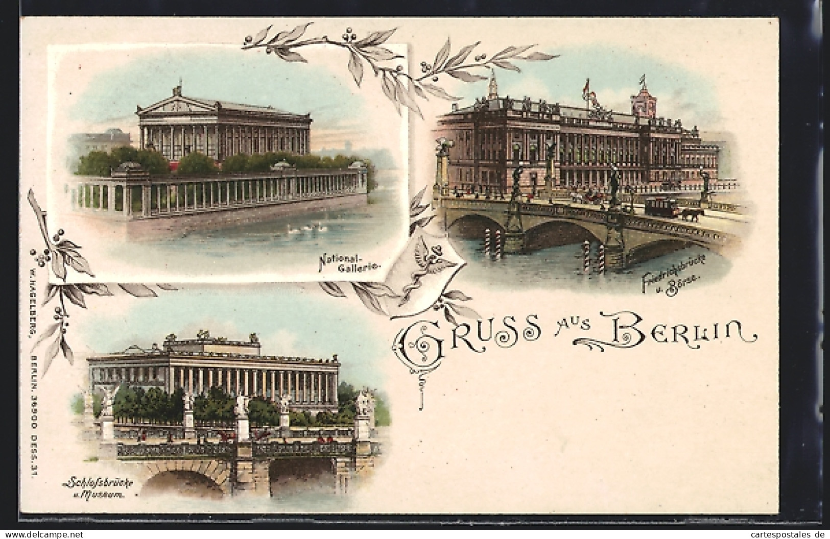 Lithographie Berlin, Nationalgalerie, Friedrichsbrücke Und Börse, Schlossbrücke Und Museum  - Mitte