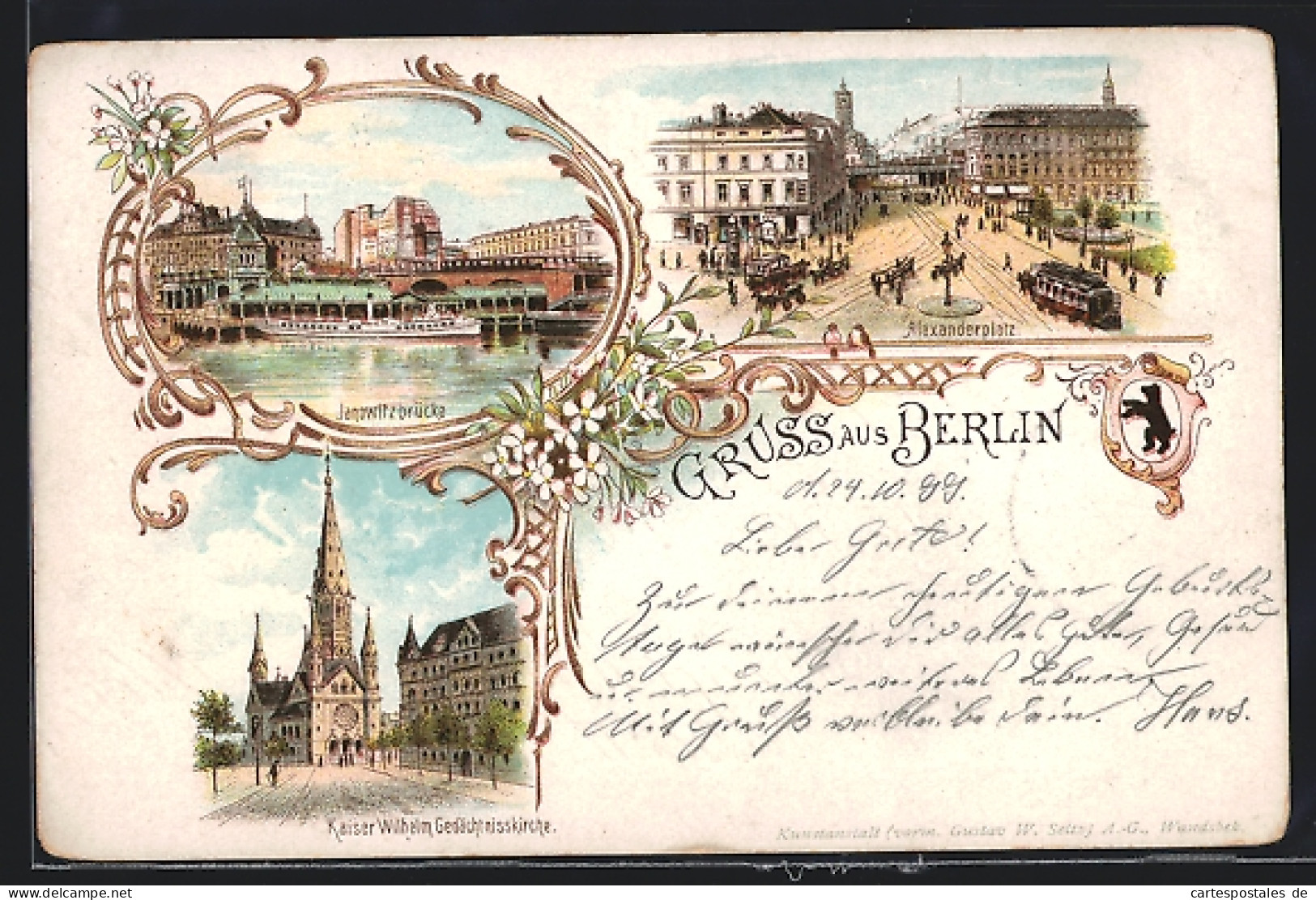 Lithographie Berlin, Janowitzbrücke, Kaiser Wilhelm Gedächtniskirche, Alexanderplatz  - Mitte