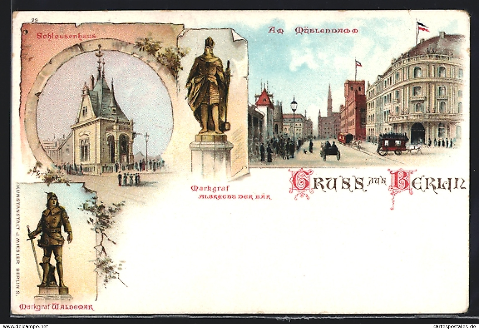 Lithographie Berlin, Am Mühlendamm, Strassenansicht, Schleusenhaus, Denkmal Markgraf Albrecht Der Bär Und Waldemar  - Mitte