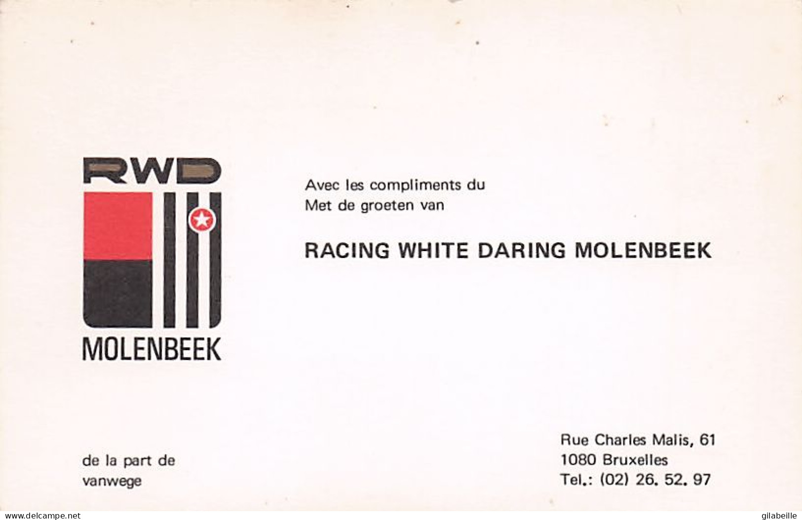 Football - Racing White Daring MOLENBEEK -  Carte De Visite - De La Part De Vanwege - Format 14.0 X 9.0 Cm - Tarjetas De Visita