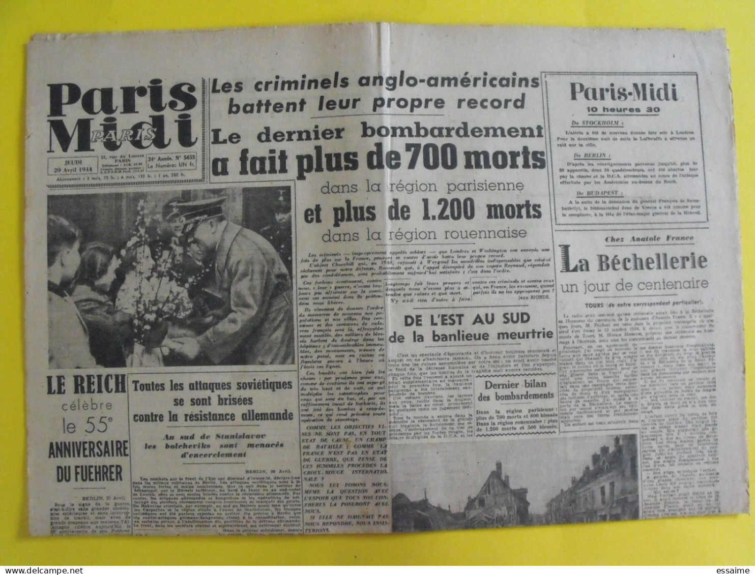 Journal Paris-Midi Du 20 Avril 1944. Collaboration Laval Pétain Petiot  Milice LVF Paris Bombardé Rouen - War 1939-45