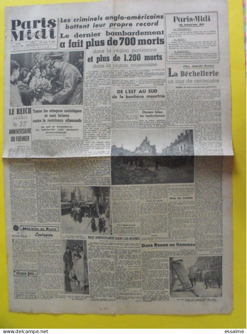 Journal Paris-Midi Du 20 Avril 1944. Collaboration Laval Pétain Petiot  Milice LVF Paris Bombardé Rouen - Oorlog 1939-45