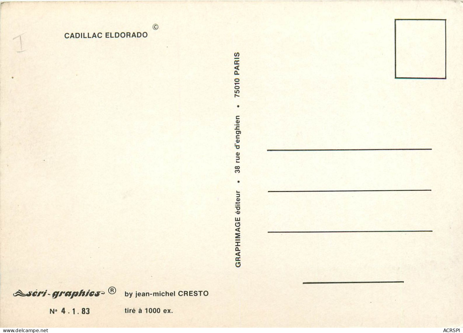 CADILLAC  ELDORADO Par Jean Michel CRESTO  (scan Recto-verso) QQ 1140 - Toerisme