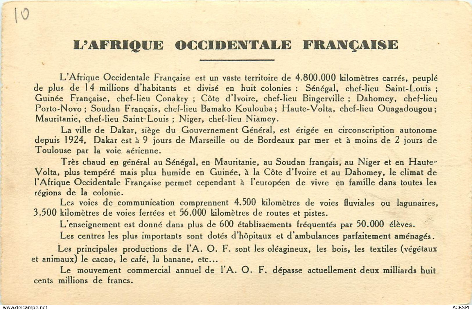 AFRIQUE Occidentale Francaise  AOF    A.O.F  (scan Recto-verso) QQ 1159 - Zonder Classificatie