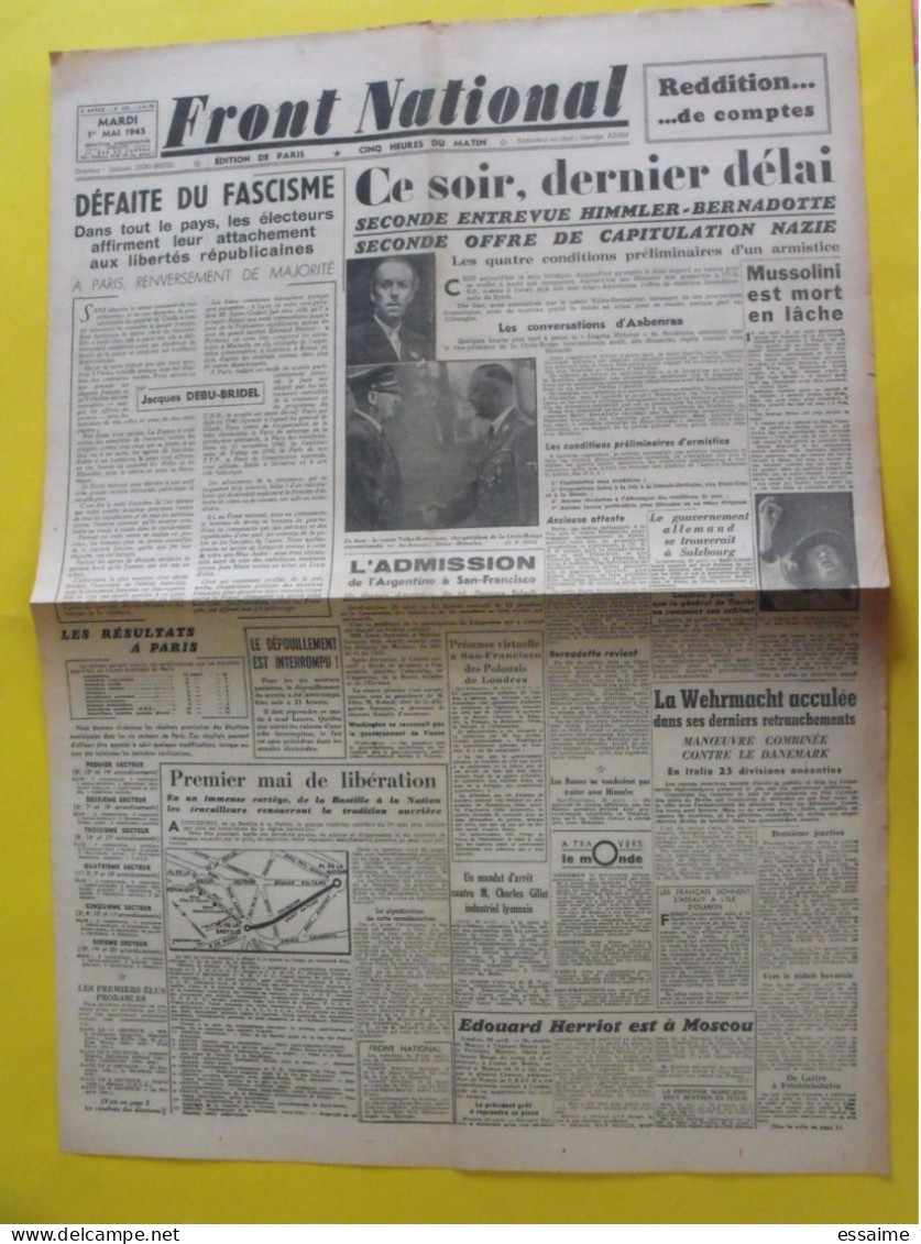 Journal Front National Du 1er Mai 1945 Entrevue Himmler Bernadotte Mussolini Mort épuration Gillet Oléron Facisme - Andere & Zonder Classificatie