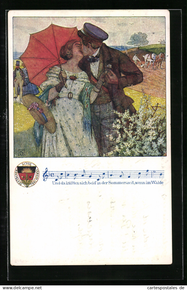 Künstler-AK Karl Friedrich Gsur, Deutscher Schulverein NR 20: Student Küsst Mädchen Unter Dem Roten Schirm  - War 1914-18