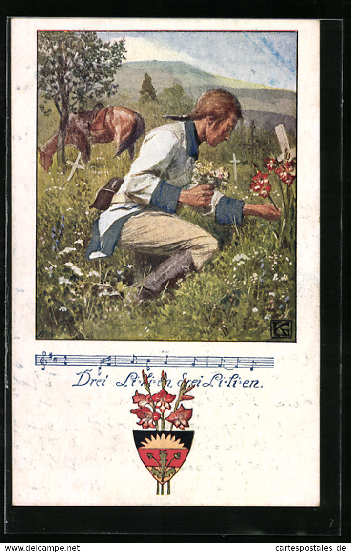 Künstler-AK Karl Friedrich Gsur, Deutscher Schulverein Nr.1235: Befreiungskriege, Drei Lilien Auf Das Grab  - War 1914-18