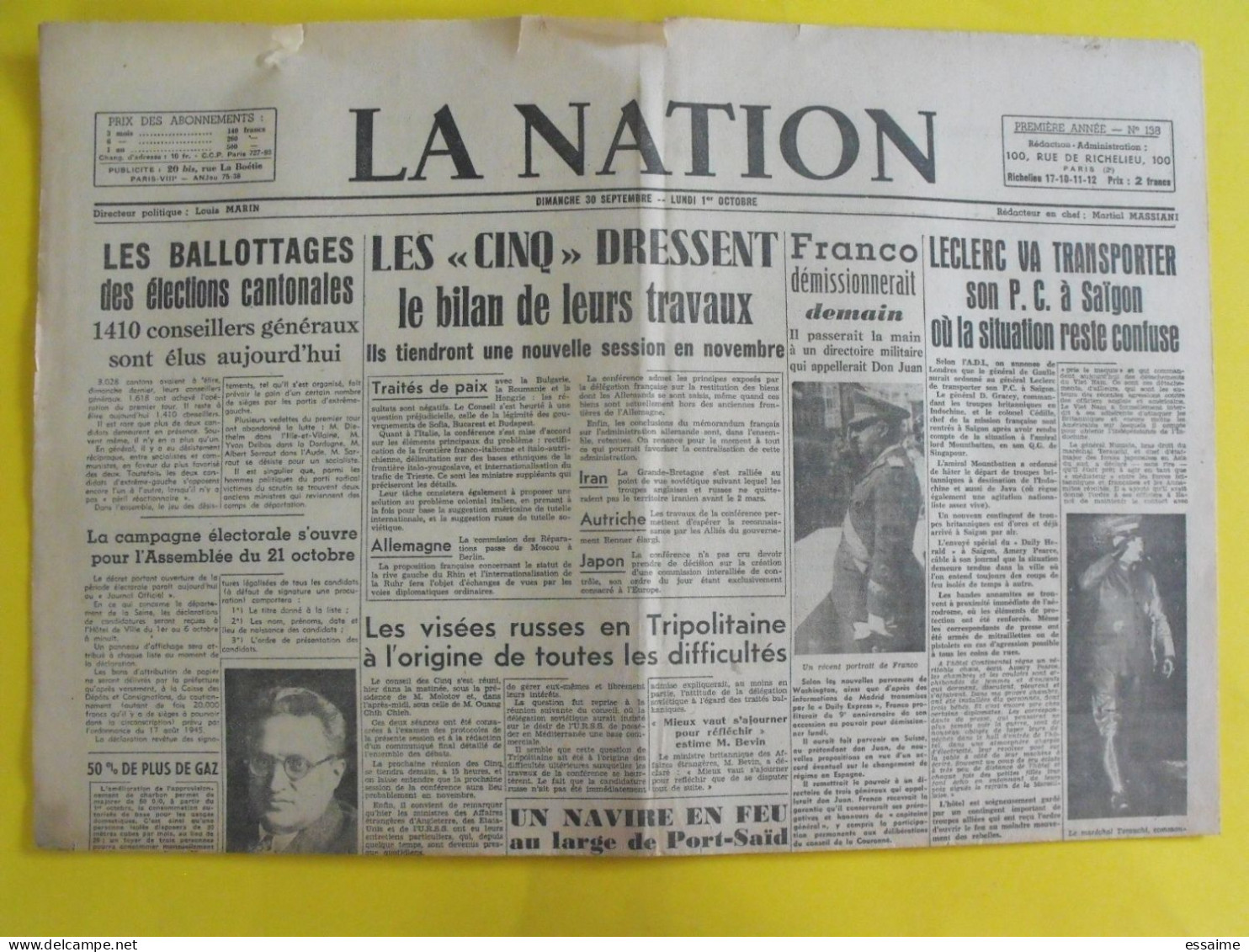 Journal La Nation Du 30 Septembre 1945 Leclerc Indochine Franco épuration Beauval De Gaulle Chine Laos FFI - Andere & Zonder Classificatie