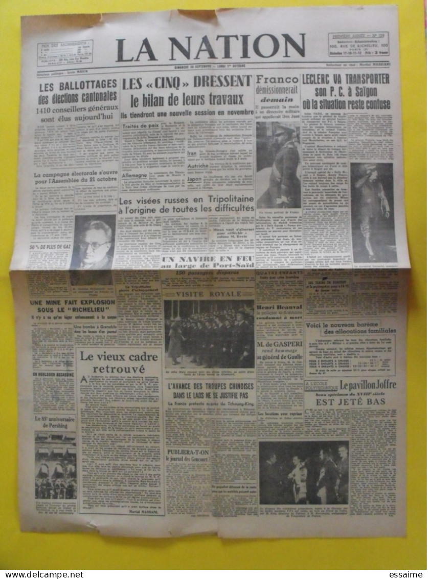 Journal La Nation Du 30 Septembre 1945 Leclerc Indochine Franco épuration Beauval De Gaulle Chine Laos FFI - Autres & Non Classés