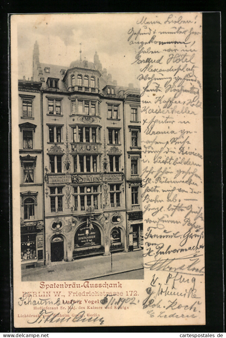 AK Berlin, Friedrichstrasse 172, Gasthaus Spatenbräu-Ausschank V. Ludwig Vogel  - Mitte