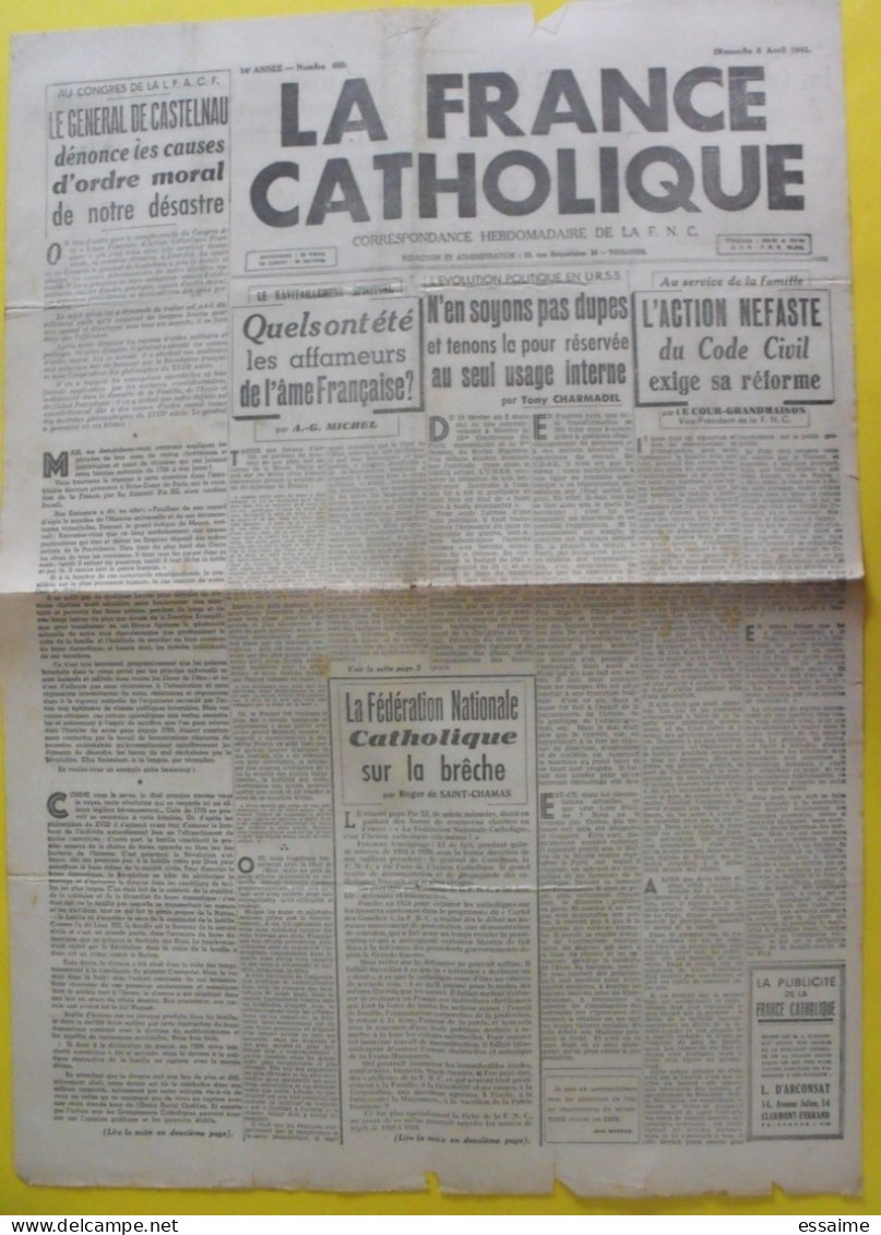 Journal La France Catholique Du 6 Avril 1941. Collaboration Général De Castelnau Famille - Otros & Sin Clasificación