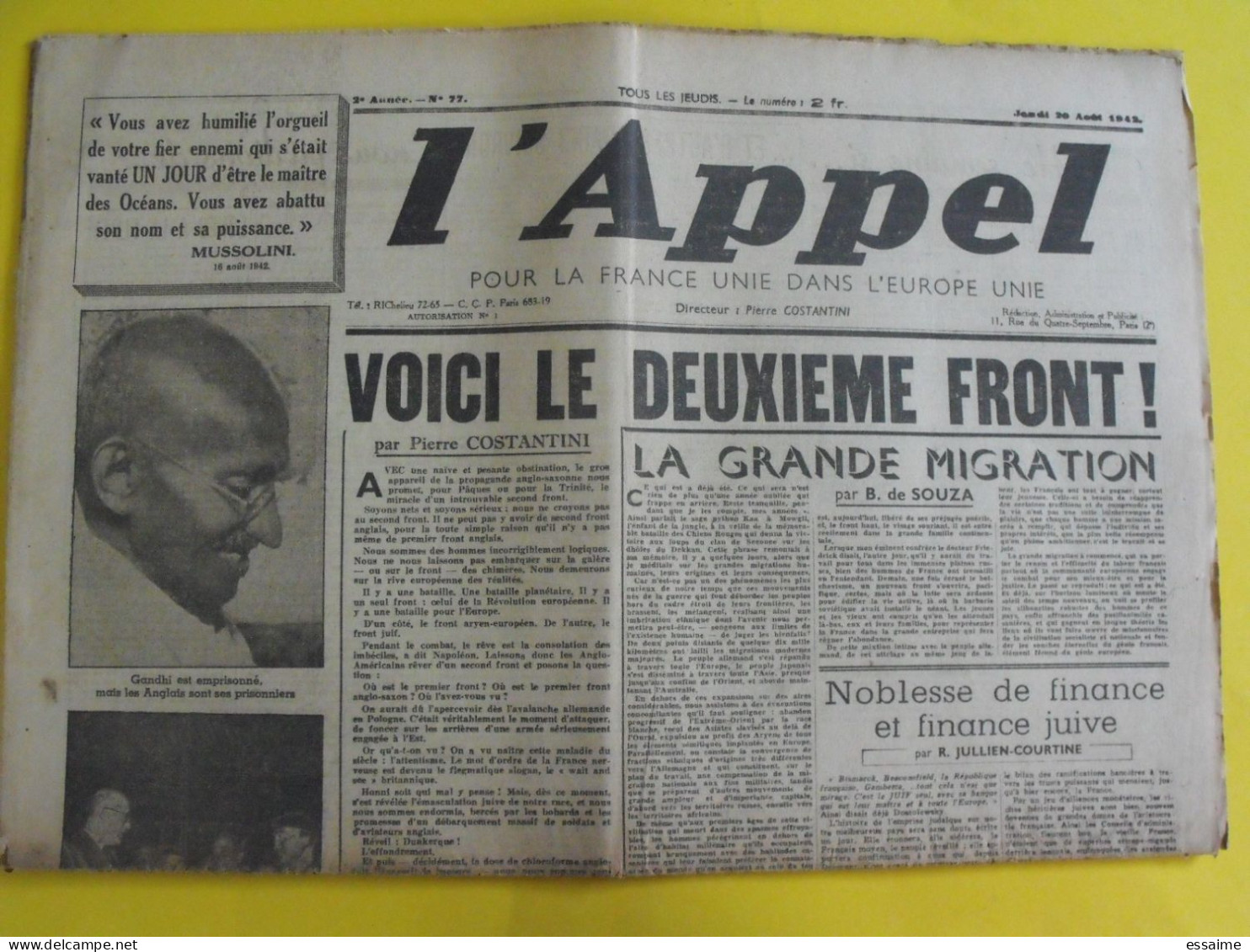 L'appel N° 77 Du 20 Août 1942. Costantini. Collaboration Antisémite Racisme Francisme Fachoda Ligue Française Gandhi - Other & Unclassified