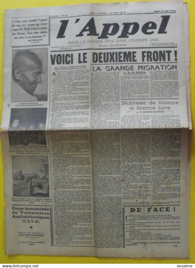 L'appel N° 77 Du 20 Août 1942. Costantini. Collaboration Antisémite Racisme Francisme Fachoda Ligue Française Gandhi - Otros & Sin Clasificación