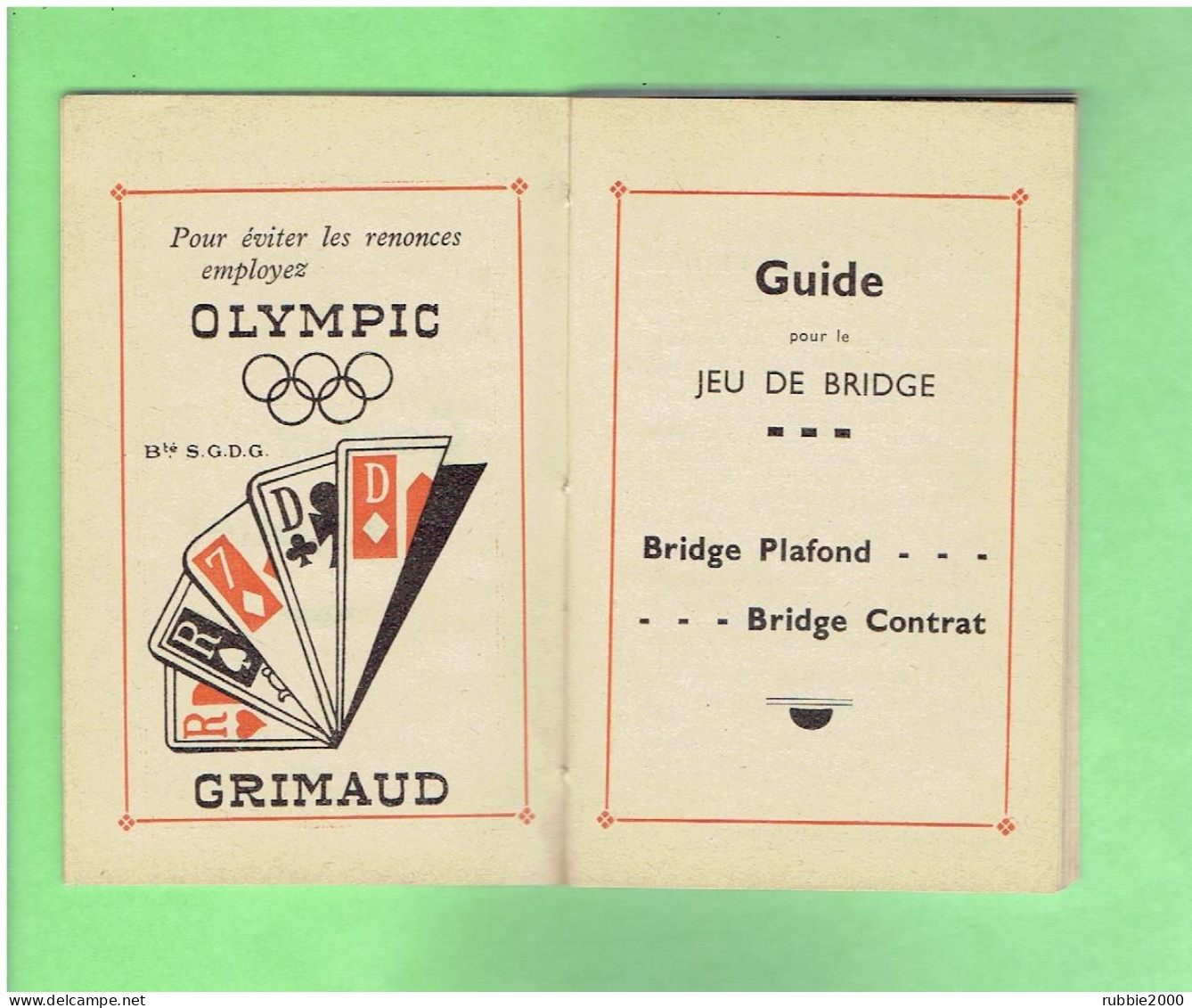 1936 GUIDE POUR LE JEU DE BRIDGE REGLES JEUX DE CARTES A JOUER GRIMAUD BRIDGE PLAFOND BRIDGE CONTRAT - Other & Unclassified