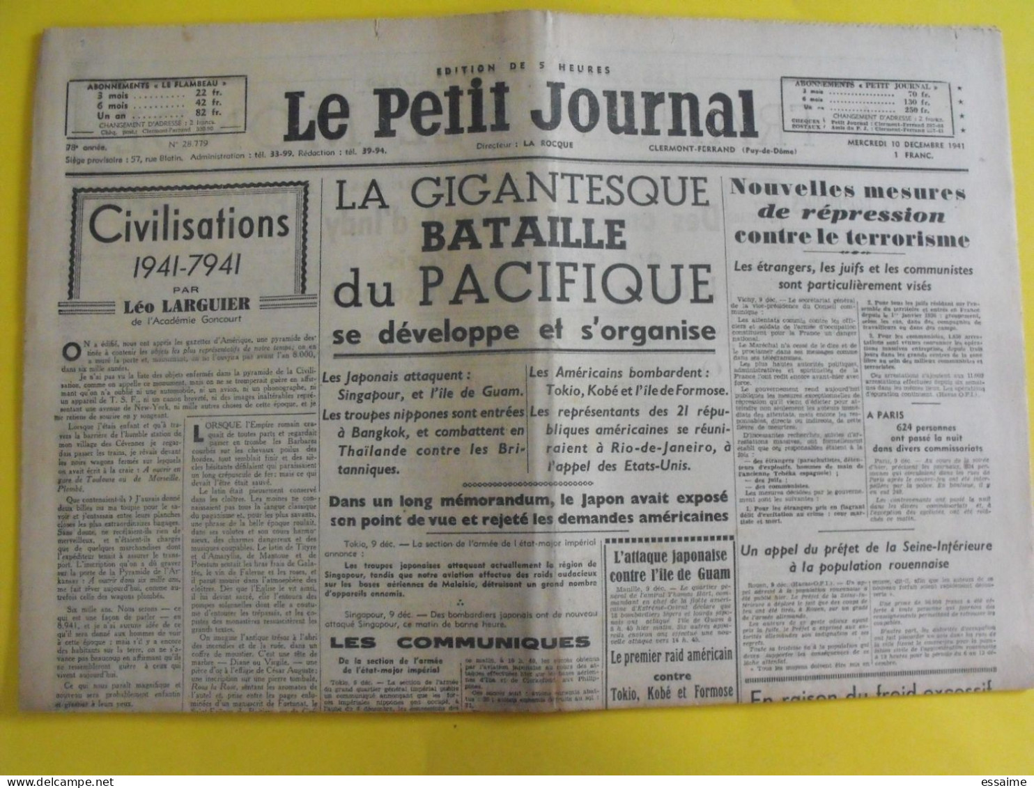 Journal Le Petit Journal Du 10 Décembre 1941. Collaboration Antisémite. La Rocque Japon Siam Bangkok Scoutisme - Autres & Non Classés