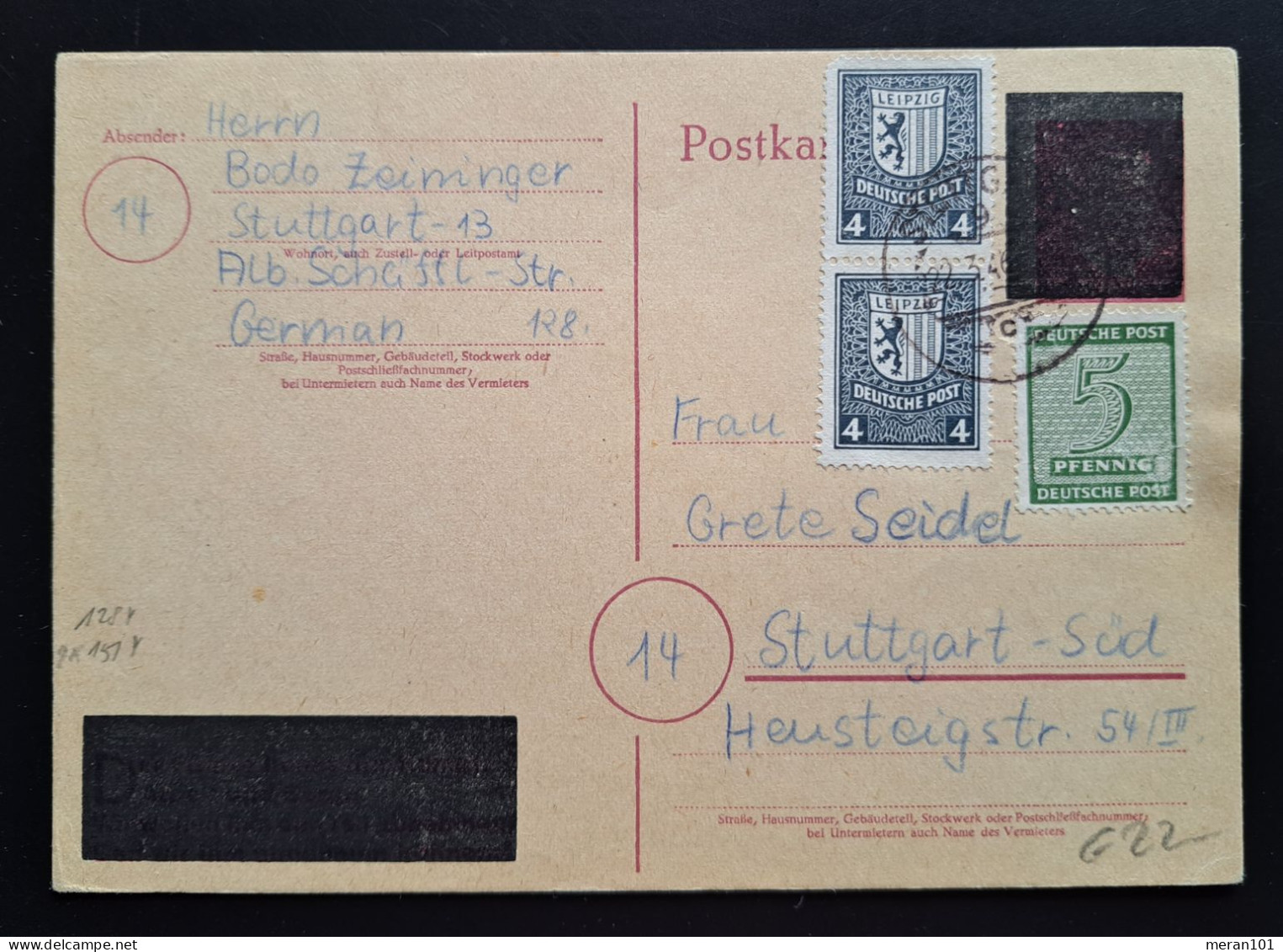 West-Sachsen 1946, Postkarte Notausgabe Schwärzung Zusatzfrankatur Stuttgart - Brieven En Documenten