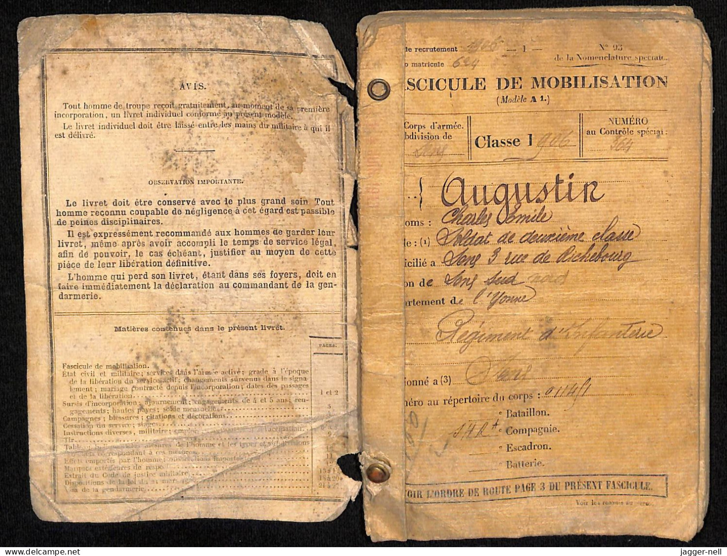 LIVRET MILITAIRE - CLASSE 1906 - Fascicule De Mobilisation N°93 - Généalogie AUGUSTIN -JD3-Tir(1) - Documenten