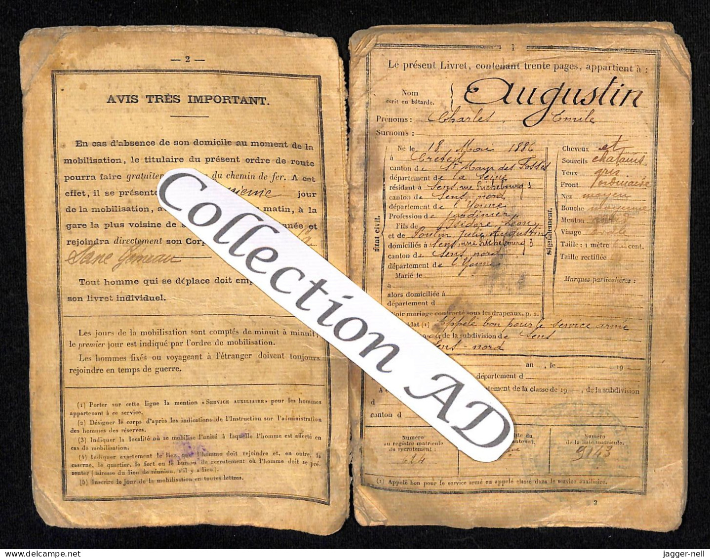 LIVRET MILITAIRE - CLASSE 1906 - Fascicule De Mobilisation N°93 - Généalogie AUGUSTIN -JD3-Tir(1) - Dokumente