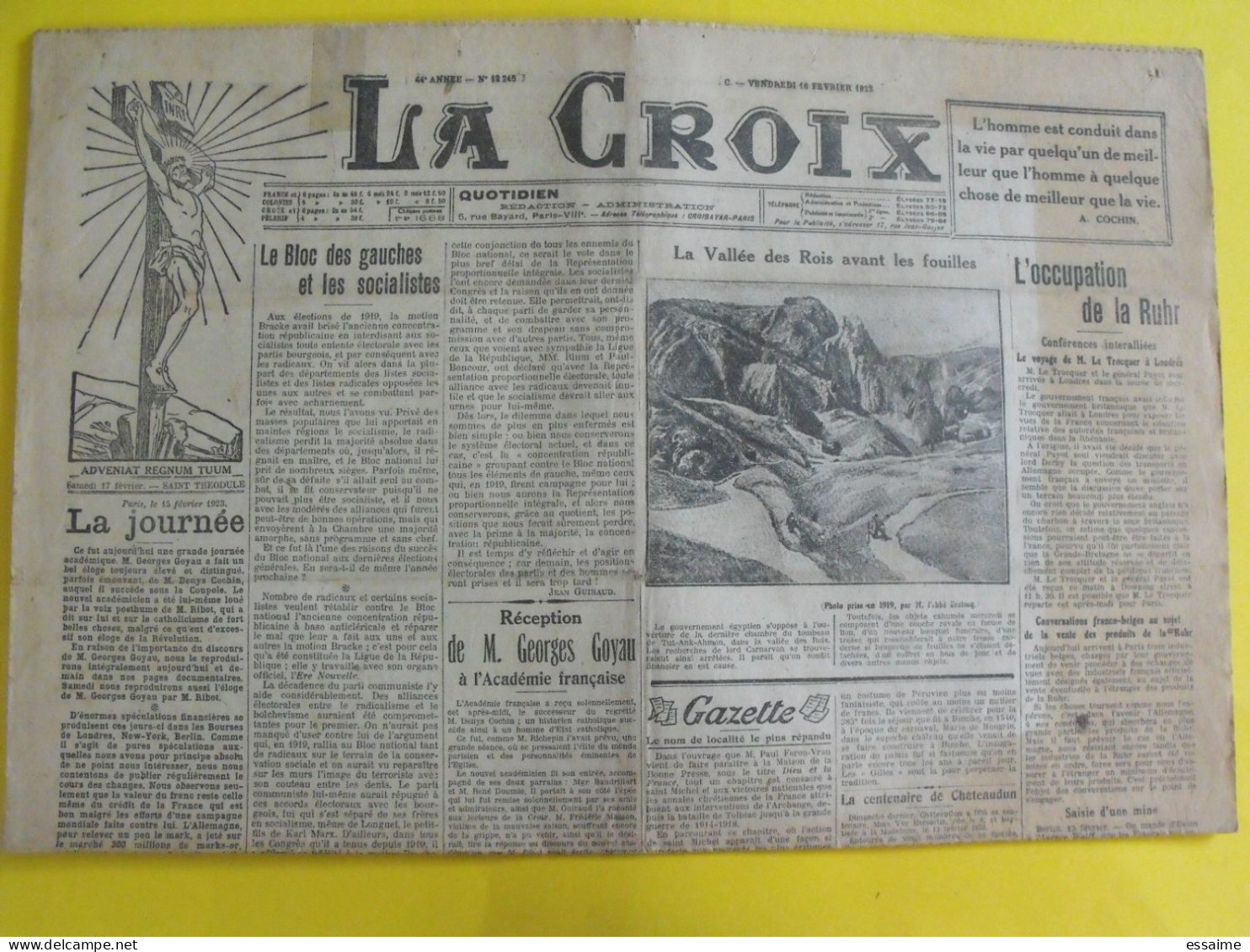 Journal La Croix Du 16 Février 1923. Occupation Ruhr - Altri & Non Classificati