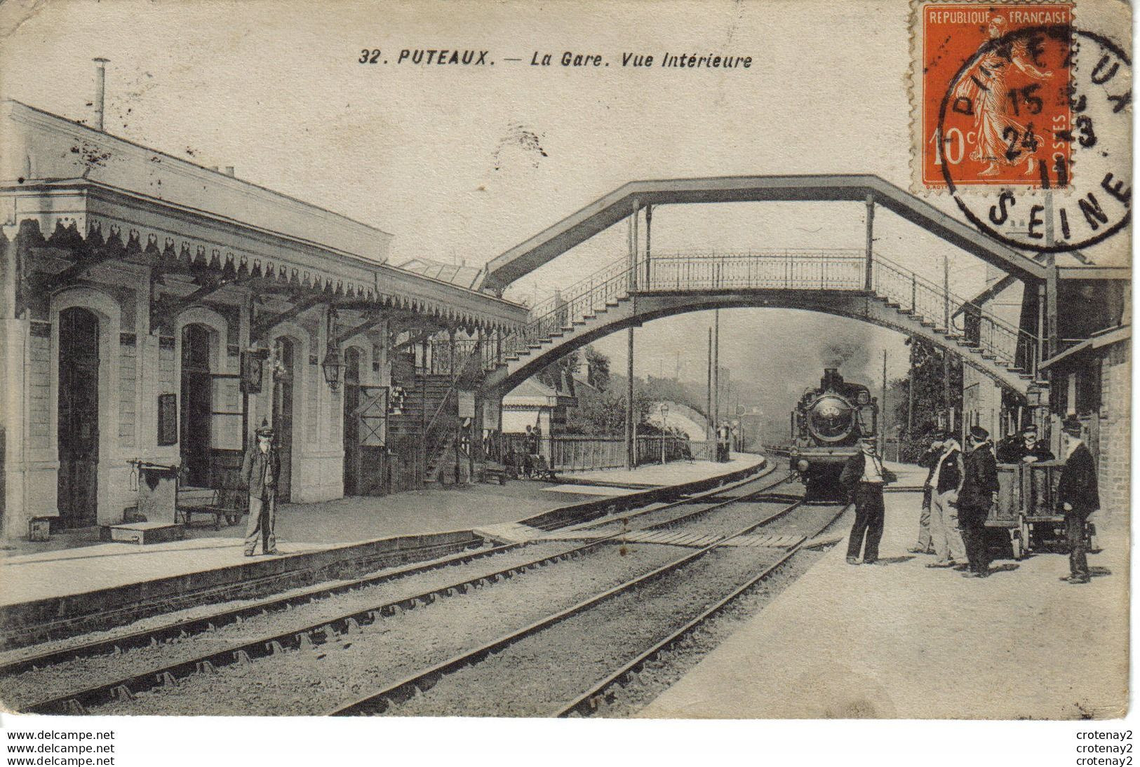 92 PUTEAUX N°32 La Gare Vue Intérieure Train Locomotive à Vapeur SNCF Cheminots Passerelle Bascule En 1911 - Puteaux