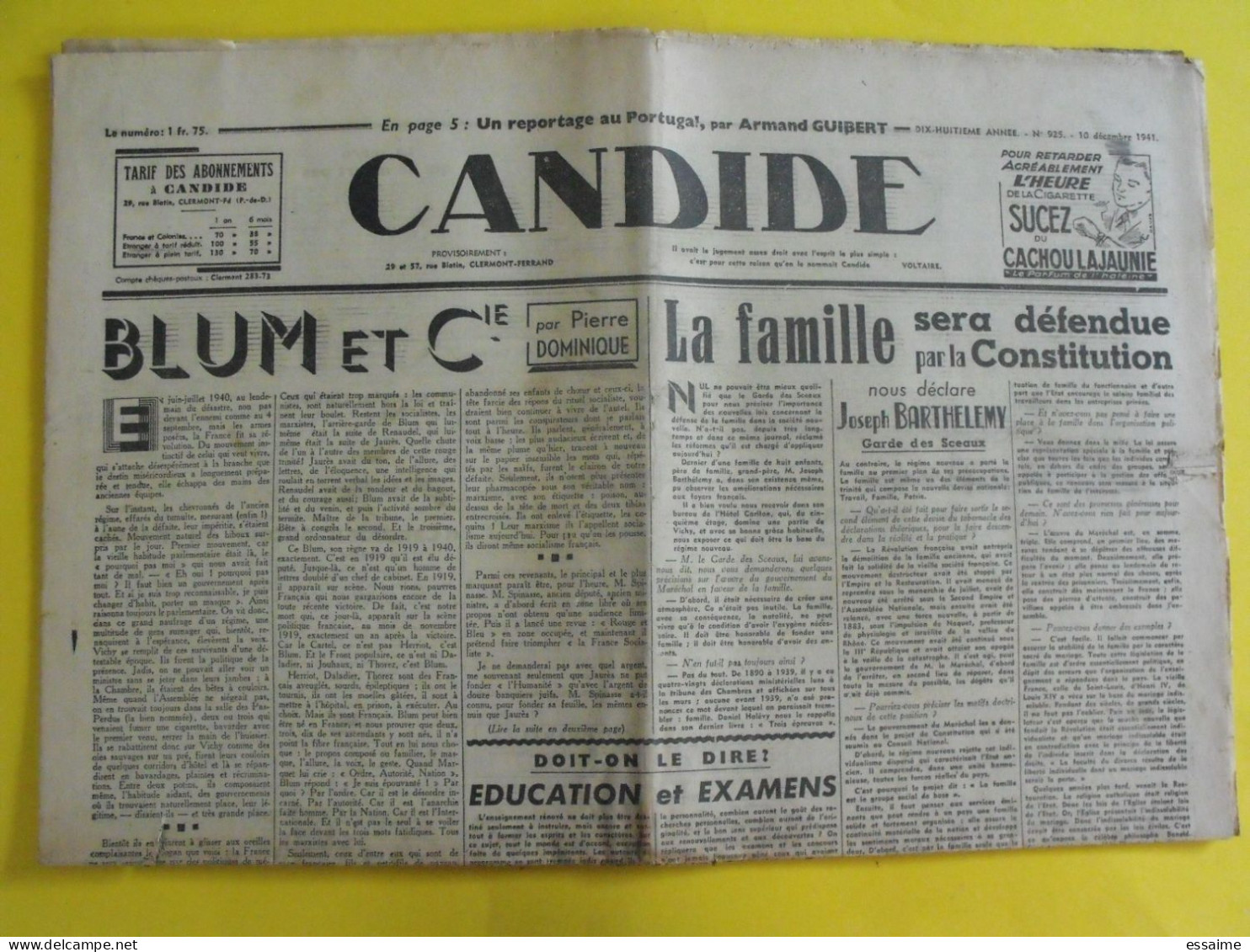 Journal Candide Du 10 Décembre 1941. Collaboration Antisémite Blum Sennep Daudet Tharaud Barthelemy Dominique - Sonstige & Ohne Zuordnung