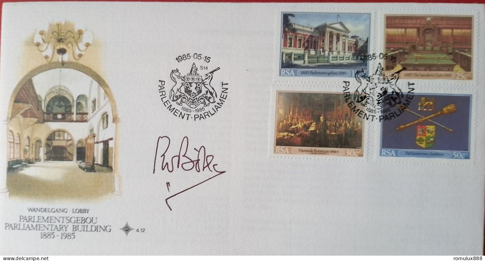 PW BOTHA SIGNED FDC #4.12 PARLIMENT BUILDINGS - Lettres & Documents