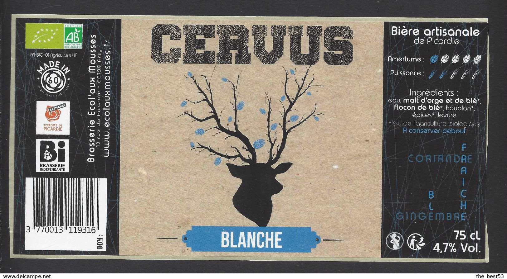 Etiquette De Bière Blanche   -  Cervus -  Brasserie Ecol'aux Mousses  à  Arsy  (60) - Beer