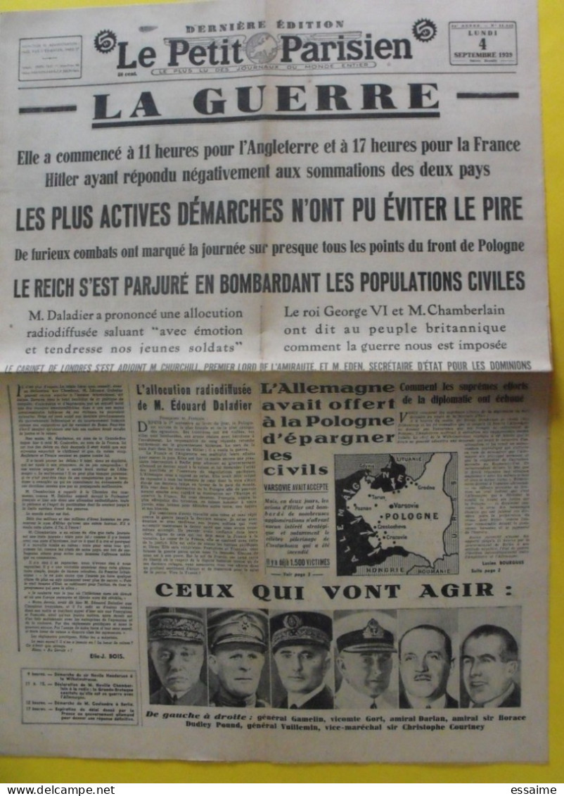 Journal Le Petit Parisien Du 4 Septembre 1939. Déclaration De La Guerre. Daladier Gamelin Darlan Cochinchine - Le Petit Parisien