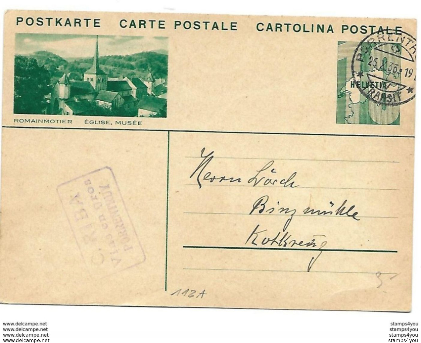 164 - 19- Entier Postal Avec Illustration "Romainmôtier" Avec Cachet à Date Porrentruy 1933 - Ganzsachen