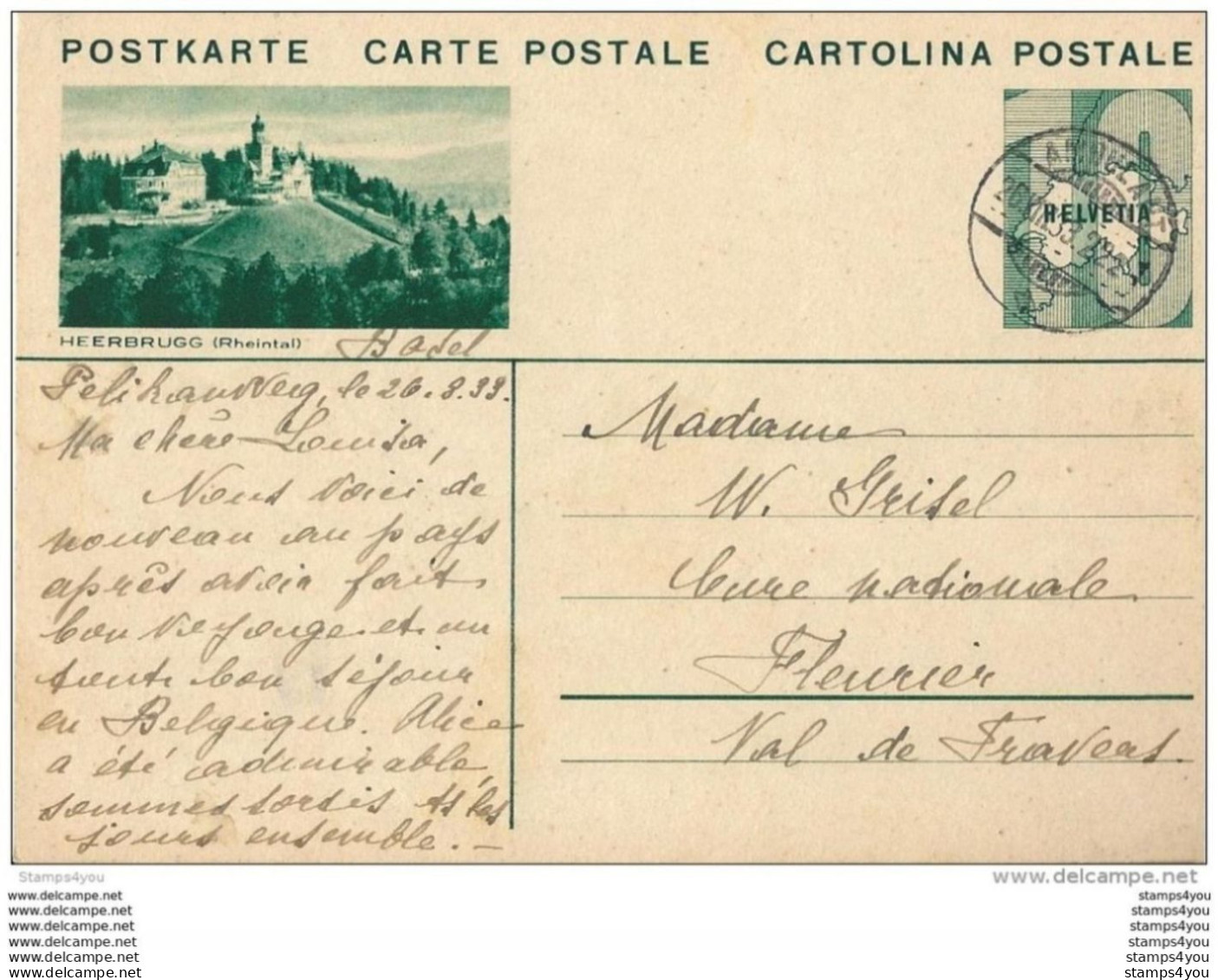 12-31 - Entier Postal  Avec Illustration "Heerbrugg" Cachet à Date Ambulant 1933 - Entiers Postaux