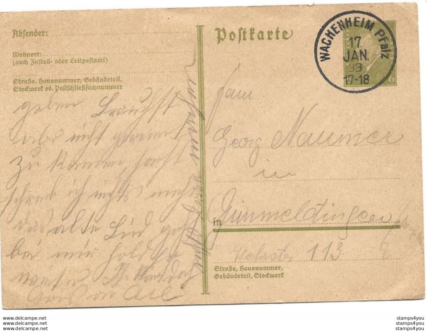17 - 81 - Entier Postal Envoyé De Wachenheim 1933 - Sonstige & Ohne Zuordnung