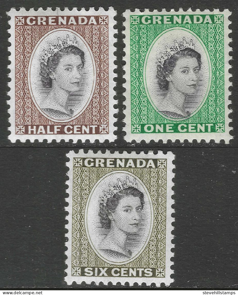 Grenada. 1953-59 QEII. ½c, 1c, 6c MH. Script CA W/M. SG 192, 193, 198. M5038 - Grenada (...-1974)